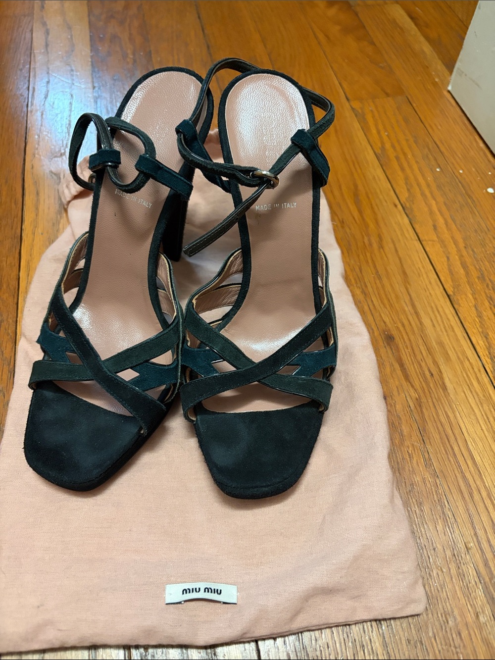Miu Miu Dark Green Suede Strappy High Heel Sandals